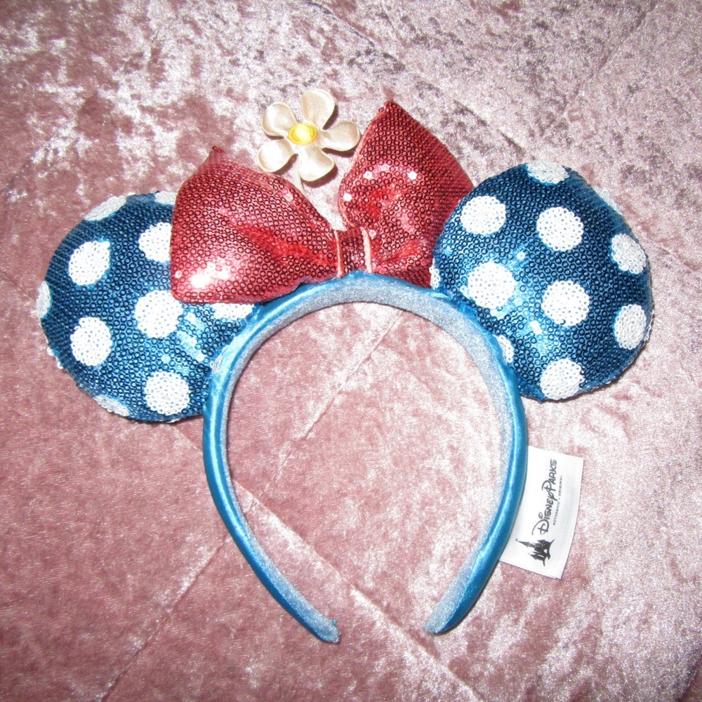 Disney Sparkling Blue Minnie Ears with Red Bow